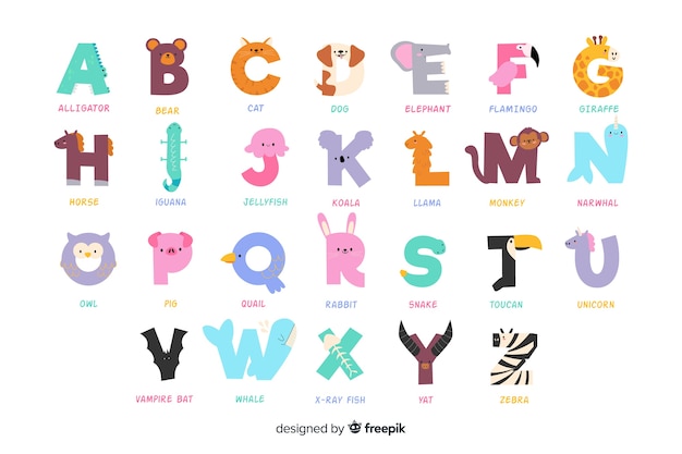 Vector gratuito variedad de animales lindos que forman el alfabeto.