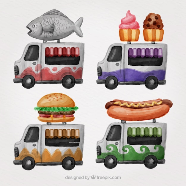 Variedad artística de food trucks en acuarela