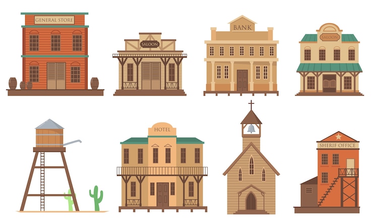 Vector gratuito variedad de casas antiguas para el conjunto de elementos planos de la ciudad occidental. dibujos animados tradicionales edificios de madera del salvaje oeste aislaron colección de ilustraciones vectoriales. concepto de arquitectura y alojamiento