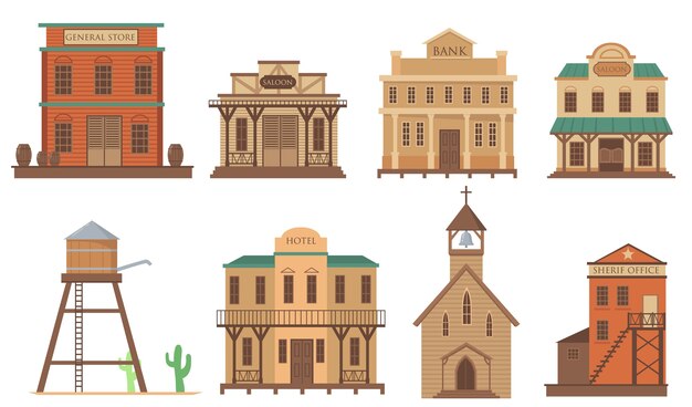 Variedad de casas antiguas para el conjunto de elementos planos de la ciudad occidental. Dibujos animados tradicionales edificios de madera del salvaje oeste aislaron colección de ilustraciones vectoriales. Concepto de arquitectura y alojamiento