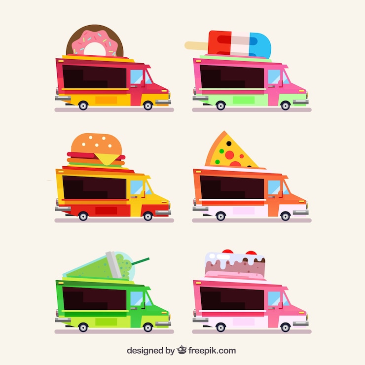 Vector gratuito variedad clásica de food trucks planas