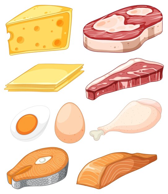 Variedad de colección de alimentos grasos y proteicos.
