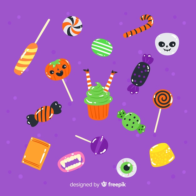 Variedad de colección de dulces de halloween dibujados a mano.