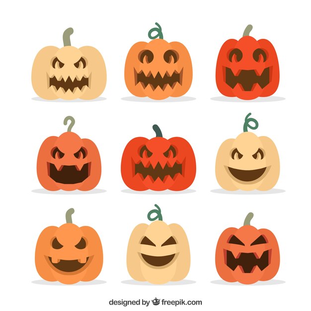 Variedad colorida de calabazas de halloween graciosas