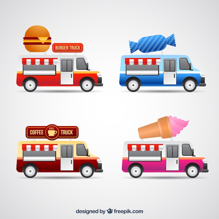 Vector gratuito una variedad colorida de camiones de comida