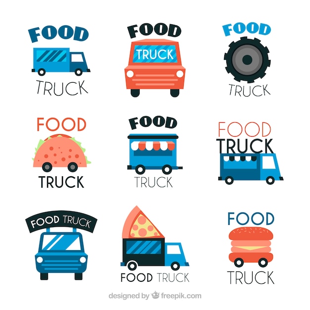 Variedad colorida de logos divertidos de food truck