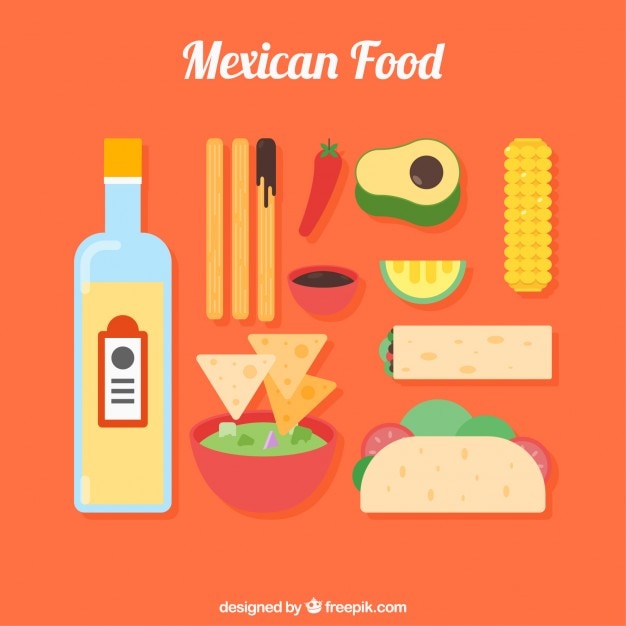 Vector gratuito variedad de comida mexicana plana y productos