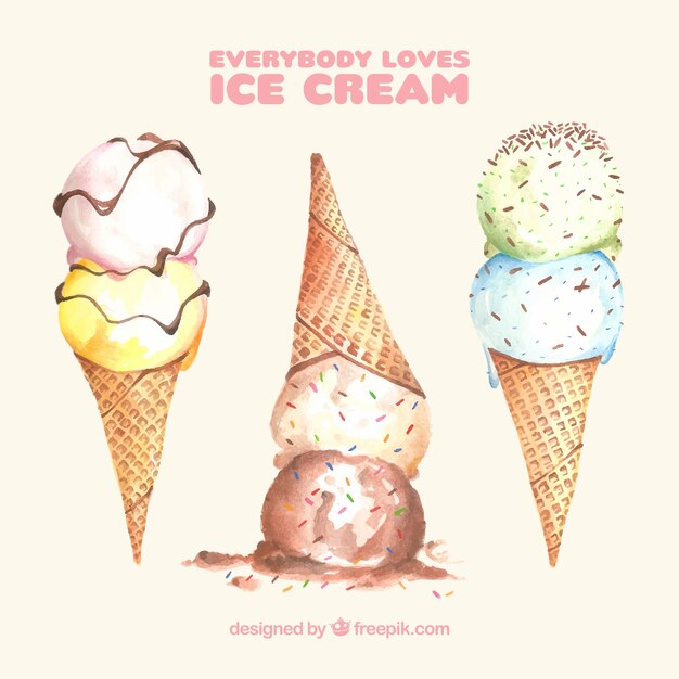 Variedad de conos de helado en estilo de acuarela