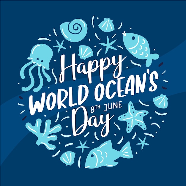 Variedad de criaturas marinas día de los océanos dibujados a mano