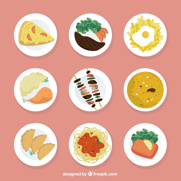 Variedad de deliciosos platos en vista superior