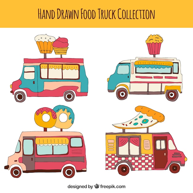 Vector gratuito variedad divertida de food trucks a mano