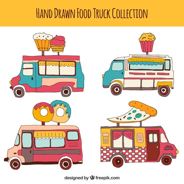 Variedad divertida de food trucks a mano