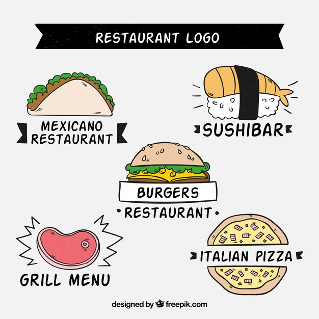 Variedad divertida de logos de restaurante dibujados a mano