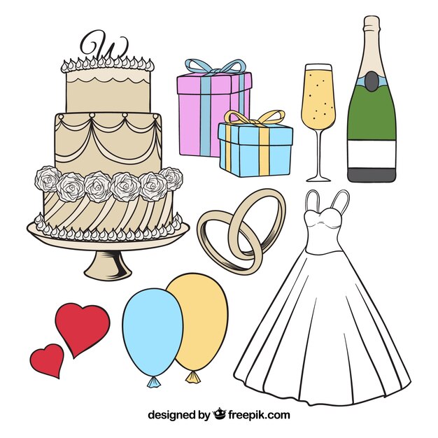 Variedad de elementos dibujados a mano para bodas