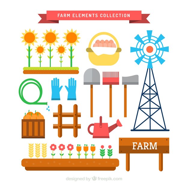 Variedad de elementos de granja en diseño plano