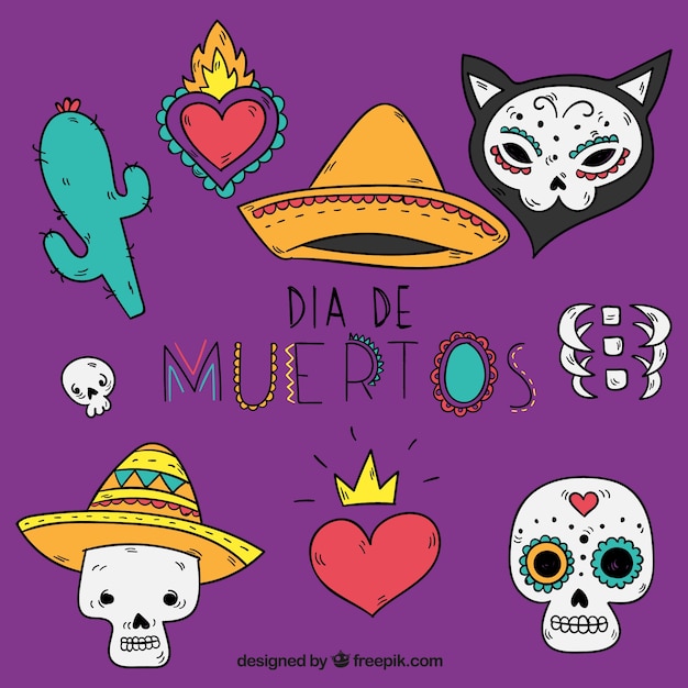 Variedad de elementos de halloween dibujados a mano