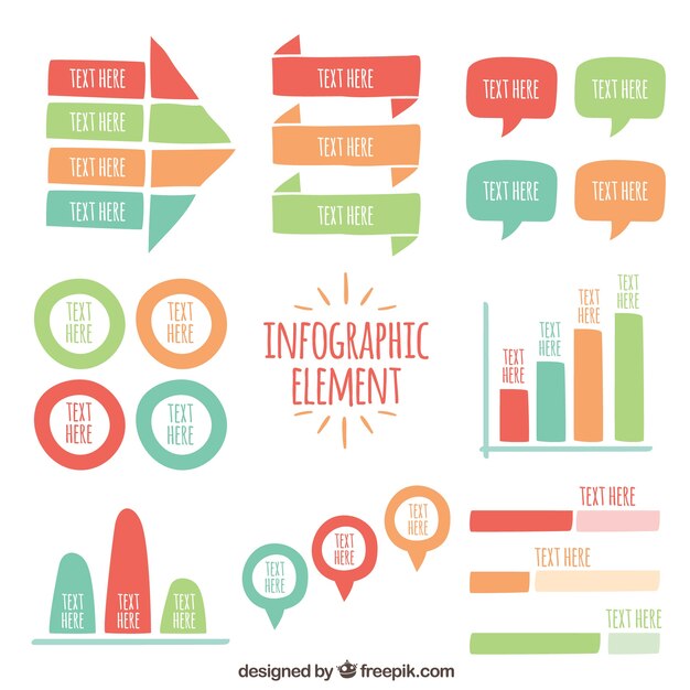 Variedad de elementos infográficos dibujados a mano con diferentes colores