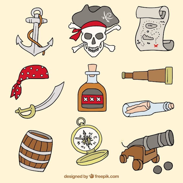 Variedad de elementos piratas dibujados a mano