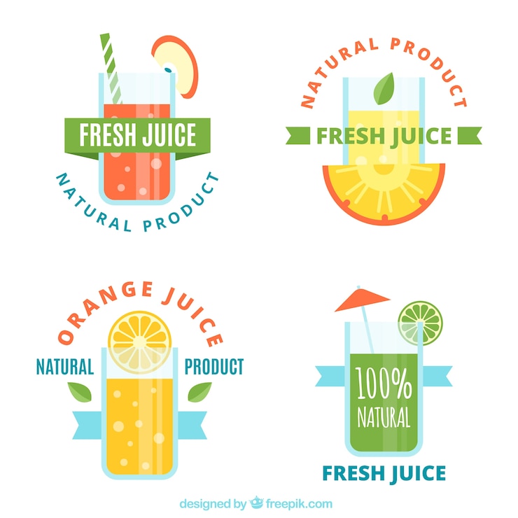 Vector gratuito variedad de etiquetas planas con diferentes zumos de fruta