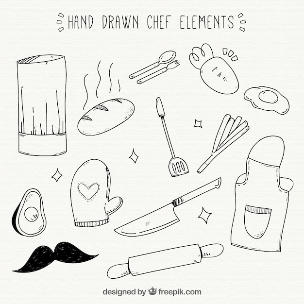 Variedad de geniales artículos de cocinero dibujados a mano