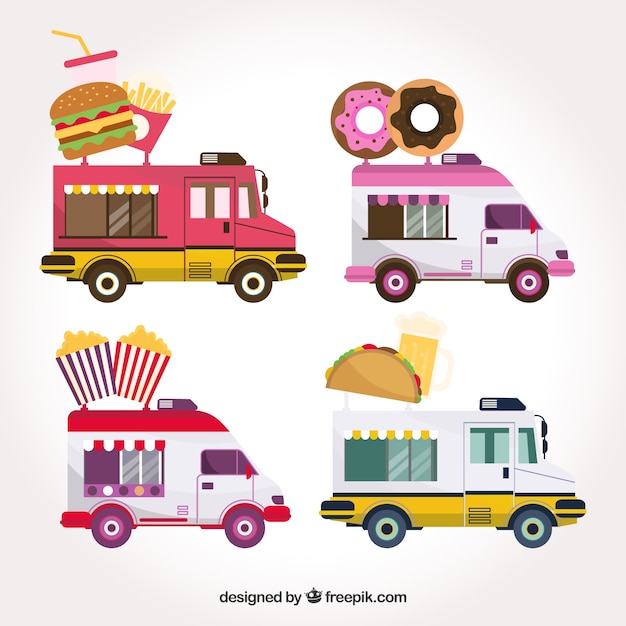 Vector gratuito variedad moderna con food trucks coloridas