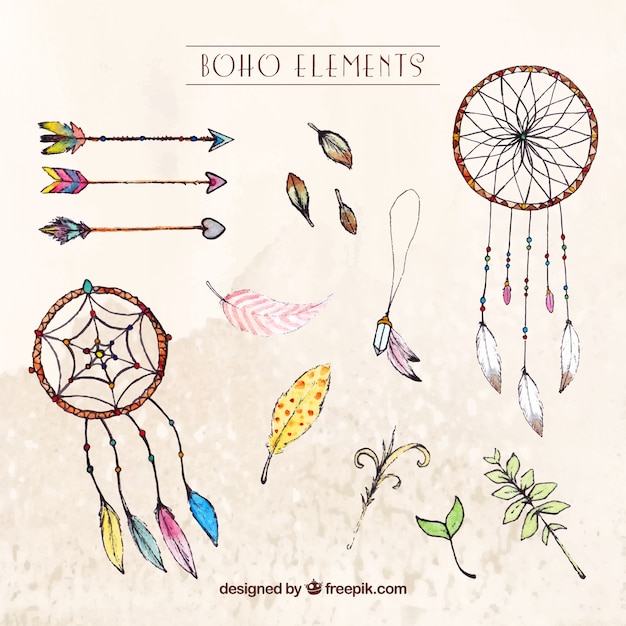 Variedad de objetos boho de acuarela