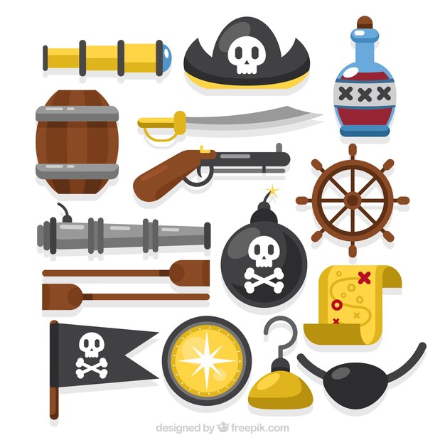 Variedad de objetos piratas en diseño plano