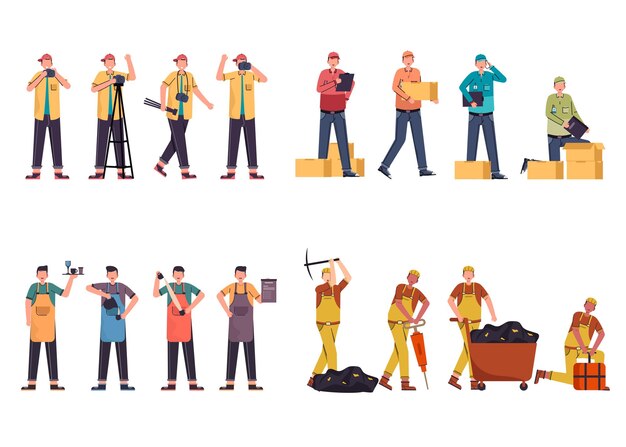 Una variedad de paquetes de trabajo para albergar trabajos de ilustración, como fotógrafo, repartidor, barista, minero.