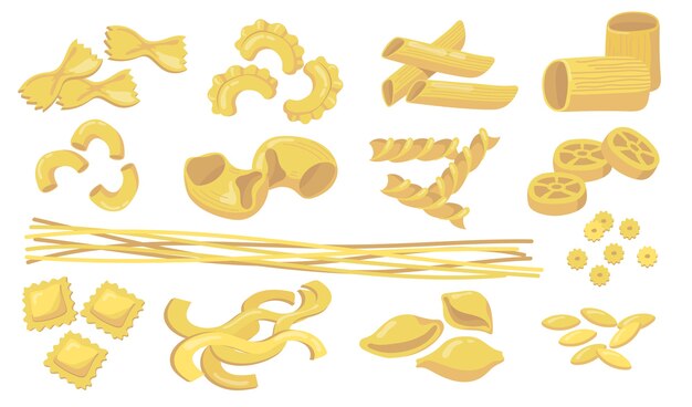 Variedad de pastas. Macarrones de trigo crudo, fideos, penne, ravioles, espaguetis aislados sobre fondo blanco. Ilustración de vector de ingredientes, cocina, cocina italiana, concepto de comida