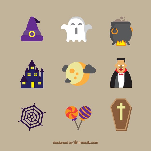 Variedad plana de elementos divertidos de halloween
