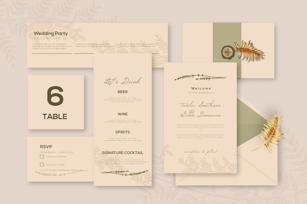 Variedad de plantilla de papelería de boda