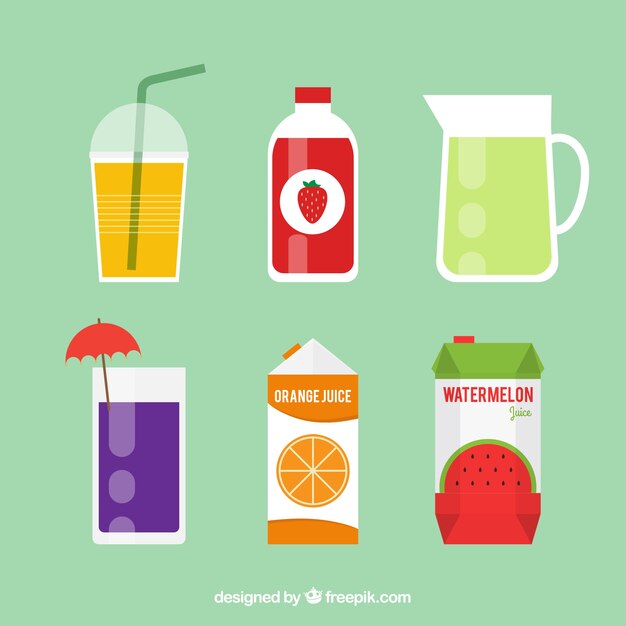 Variedad de sabrosos jugos de frutas con diferentes envases