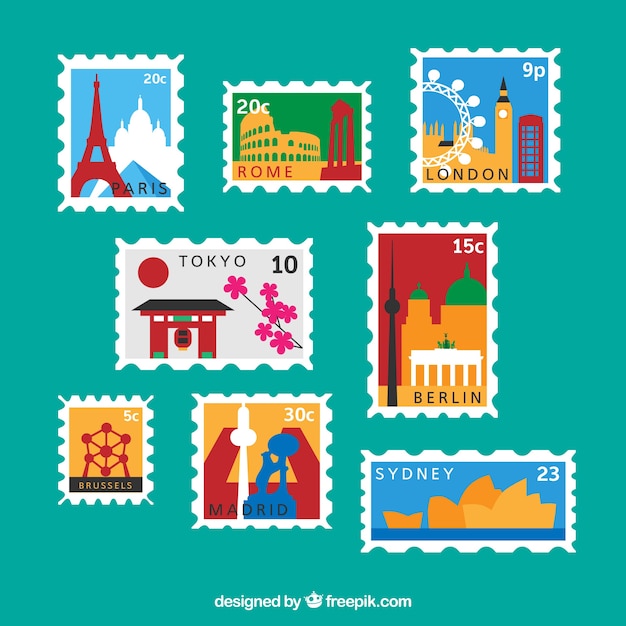 Variedad de sellos postales de ciudades