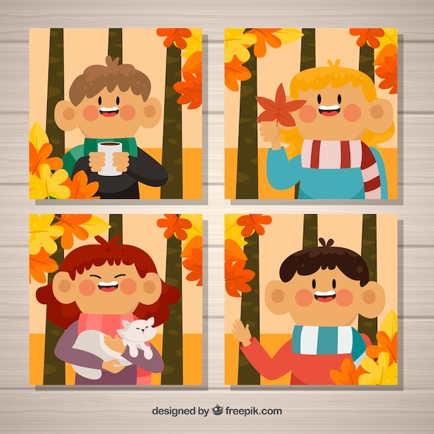 Variedad de tarjetas de otoño con niños sonrientes