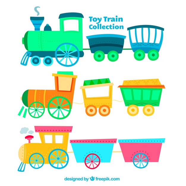Variedad de trenes de juguetes de colores dibujados a mano
