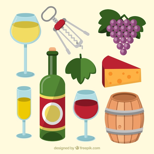 Variedad de vino con objetos en diseño plano 