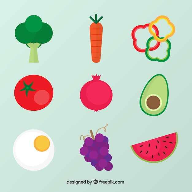 Varios alimentos saludables en diseño plano