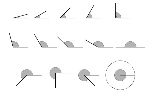 Varios ángulos. conjunto de iconos vectoriales que consta de ángulos de diferentes grados.