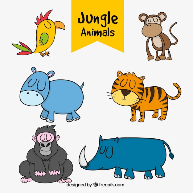 Vector gratuito varios animales de la jungla dibujados a mano