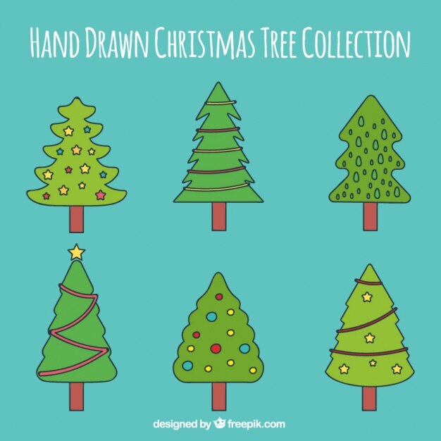 Varios árboles de navidad dibujados a mano con adornos