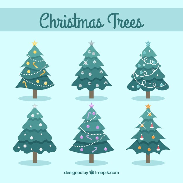 Varios árboles de navidad en diseño plano 