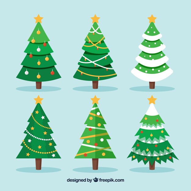 Varios árboles de navidad en diseño plano