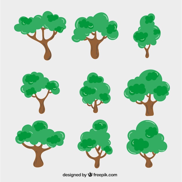 Varios árboles verdes dibujados a mano 