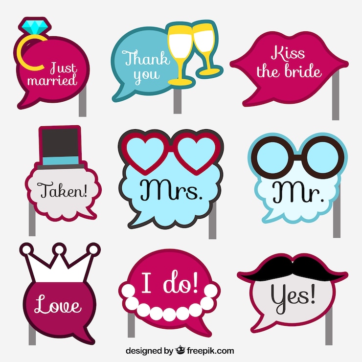 Vector gratuito varios artículos planos para fotomatón de boda