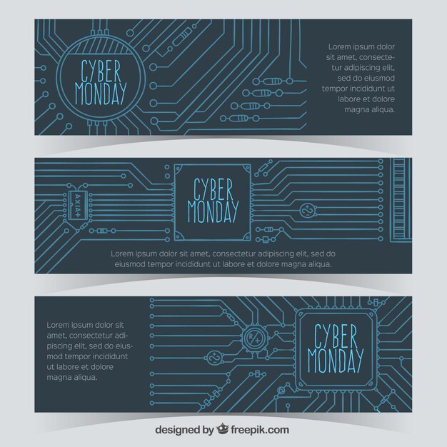 Varios banners con fondos oscuros y circuitos azules