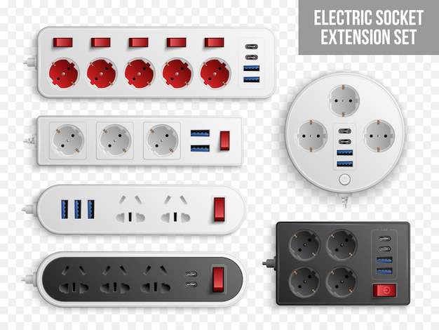 Varios cables de extensión de enchufes eléctricos realistas en ilustración vectorial aislada de fondo transparente