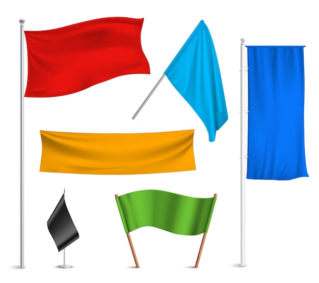 Varios colores banderas y colección de pictogramas de banners