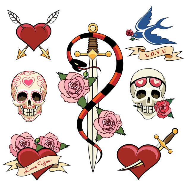 Varios corazón cráneo y daga