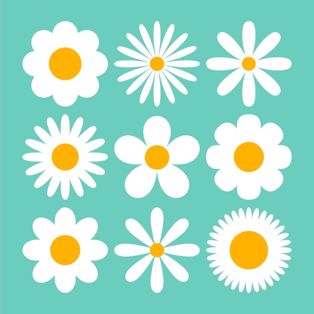 Vector gratuito varios daises blancos sobre fondo azul conjunto de ilustración de dibujos animados. camomiles o chamomiles con diferentes pétalos. patrón floral transparente. flor, flores de primavera, concepto de verano.