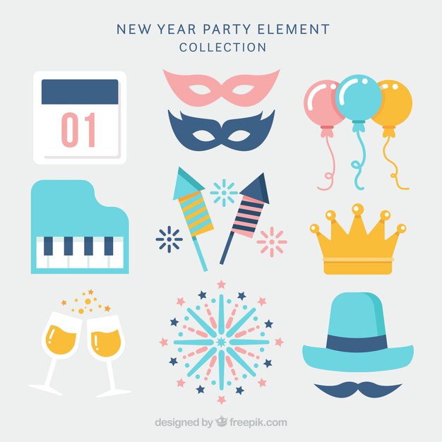Varios elementos de año nuevo en diseño plano 